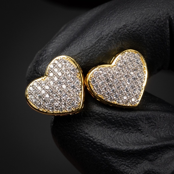 Womens Heart Large Yellow Gold 925 Sterling Silver Micro Pave Iced Stud Earrings - Picture 1 of 5